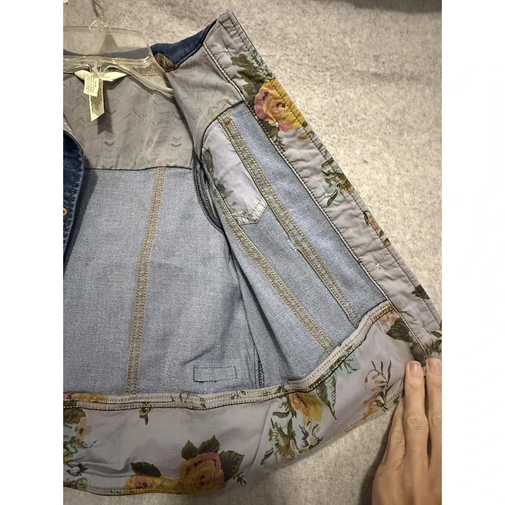 Matilda Jane Vest Girls 8 Blue Denim Button Pockets Ruffle Hem Floral Lined‎